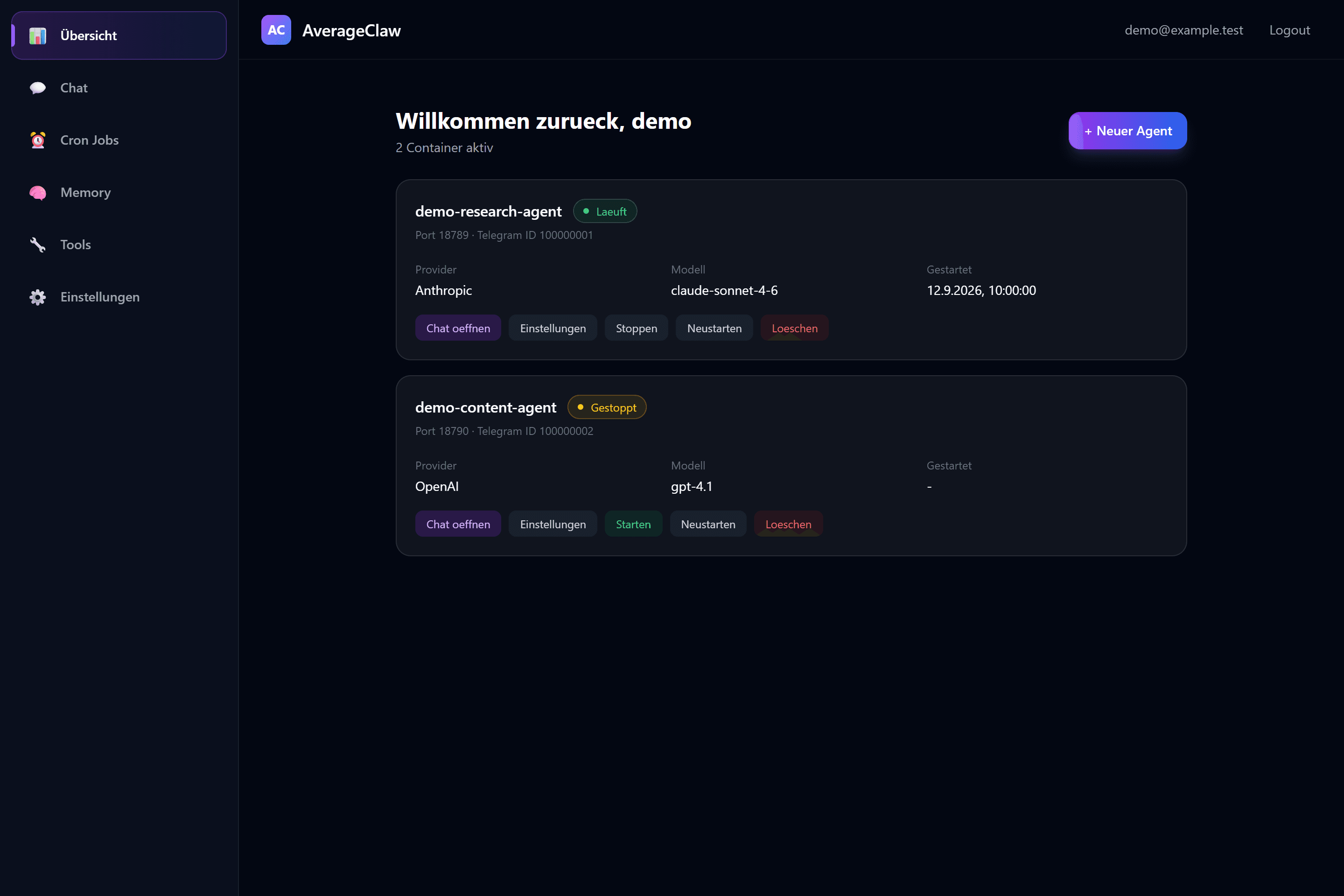 Dashboard with two example agents, one running and one stopped container, model names and start-stop controls.