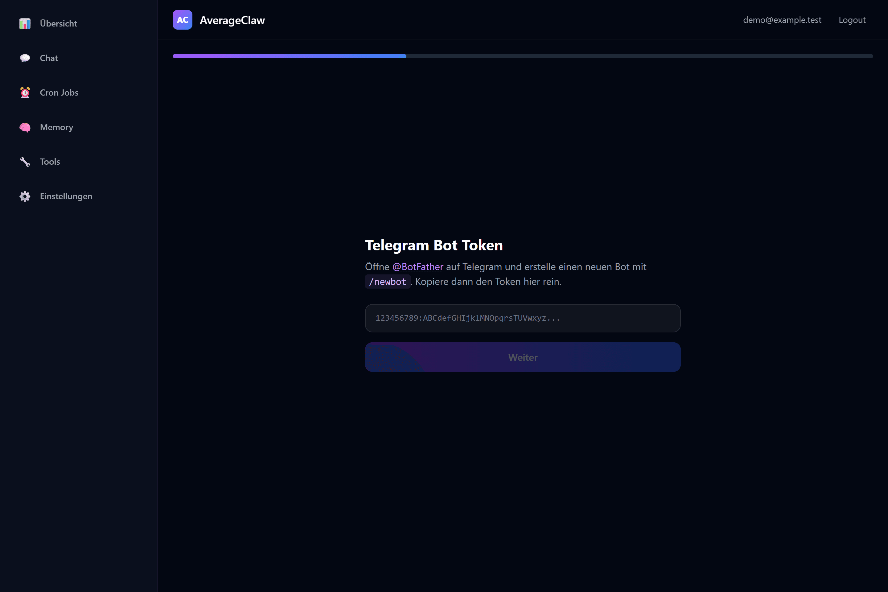Setup step for adding a Telegram bot token, with instructions and an empty input field.