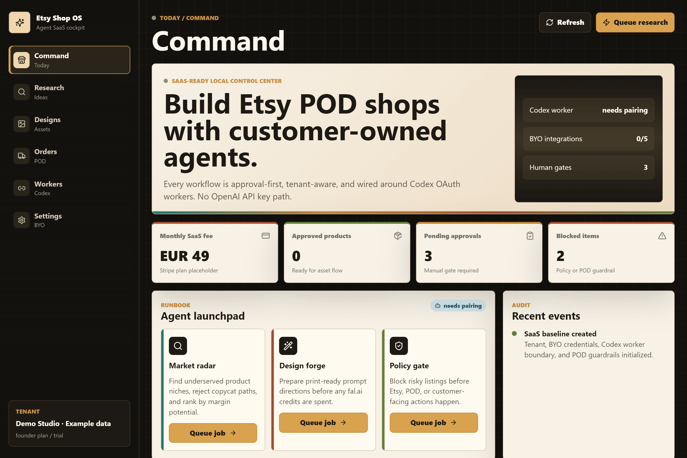 Shop control centre with agent jobs, approval counts and unconnected integrations in a workspace explicitly labelled as example data.