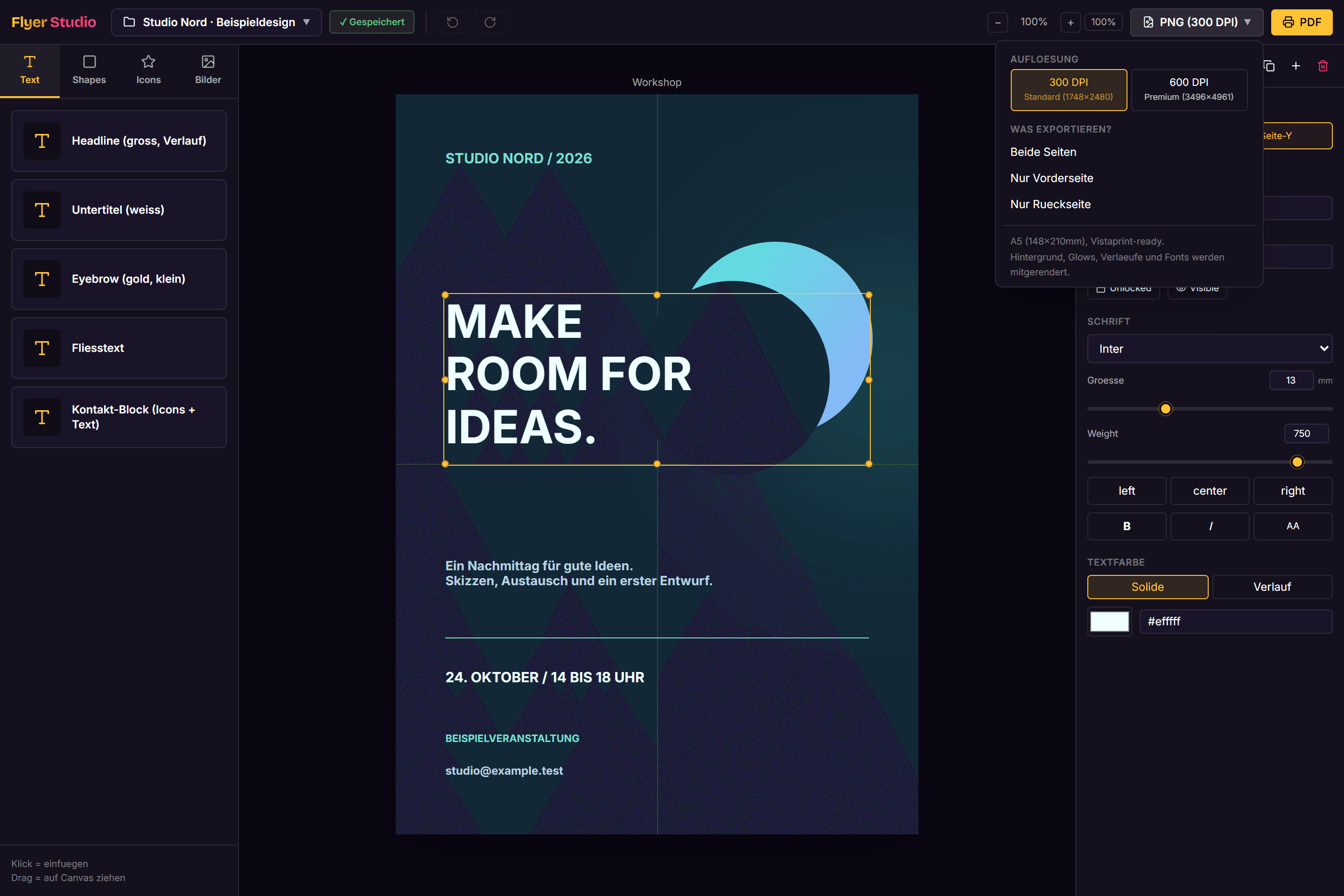 Open PNG export menu with a choice of 300 or 600 DPI and which flyer page to export.