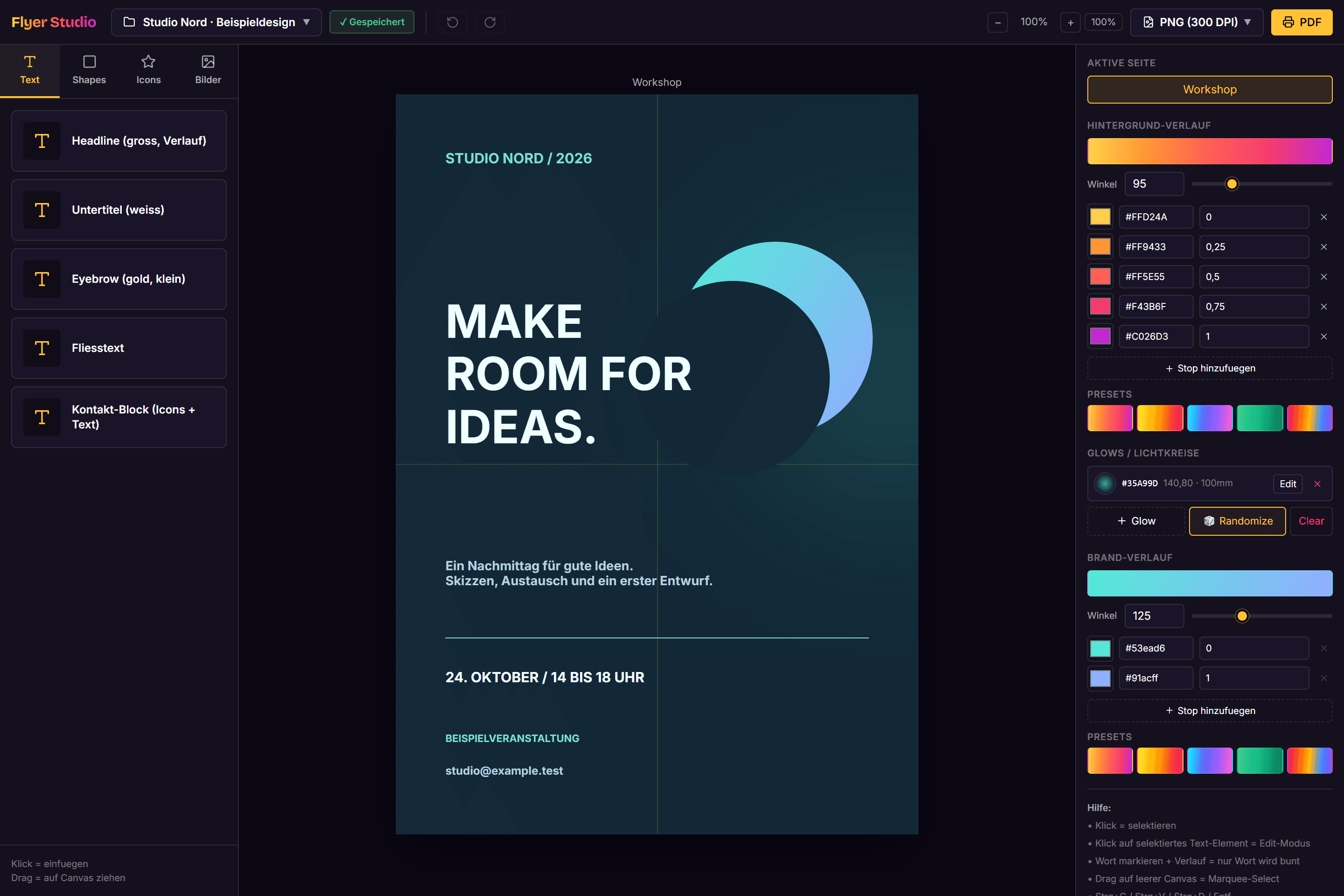 Browser editor with a fictional workshop flyer, text blocks on the left and colour and glow controls on the right.