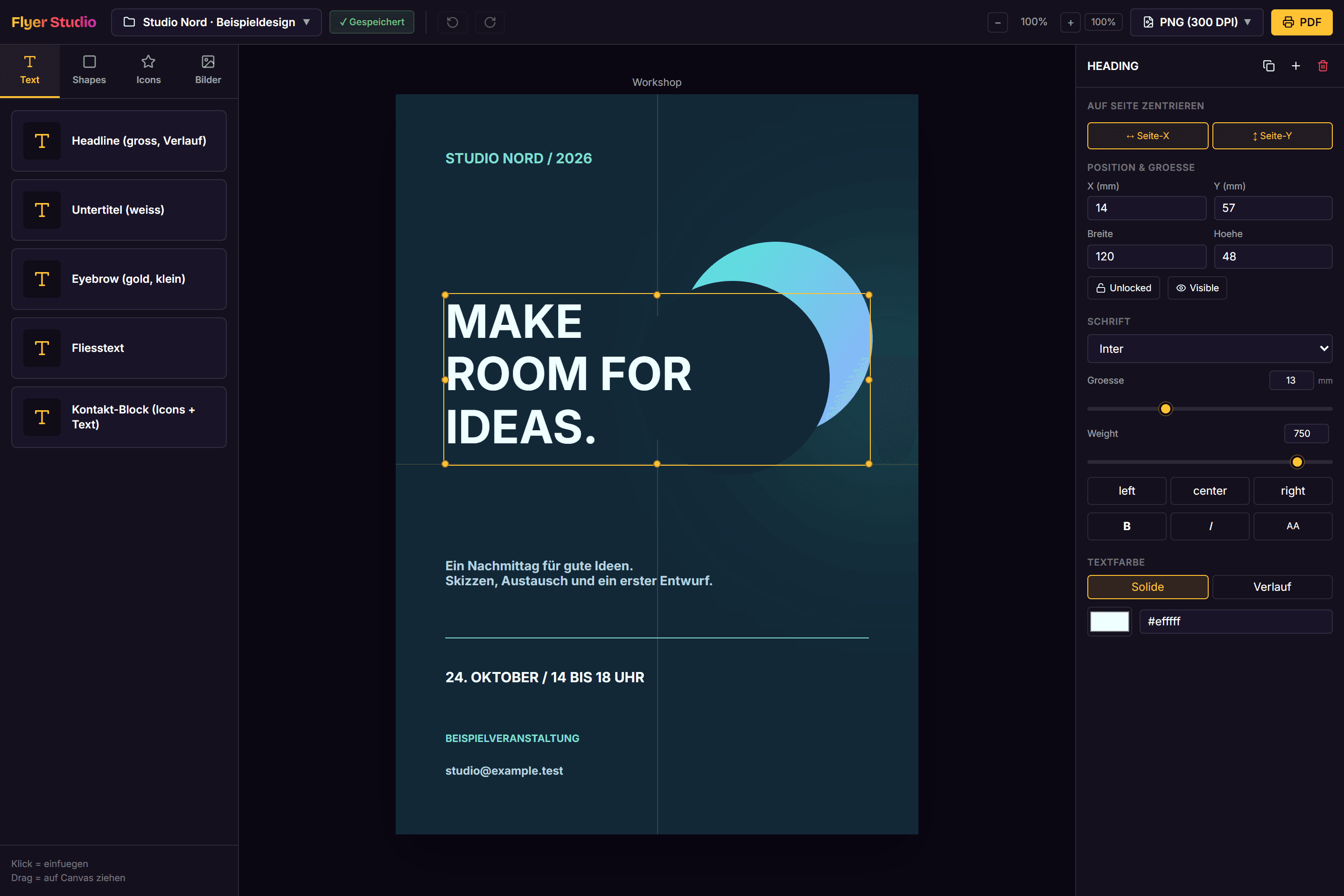 Selected flyer heading with a selection frame and controls for position, typography and colour.