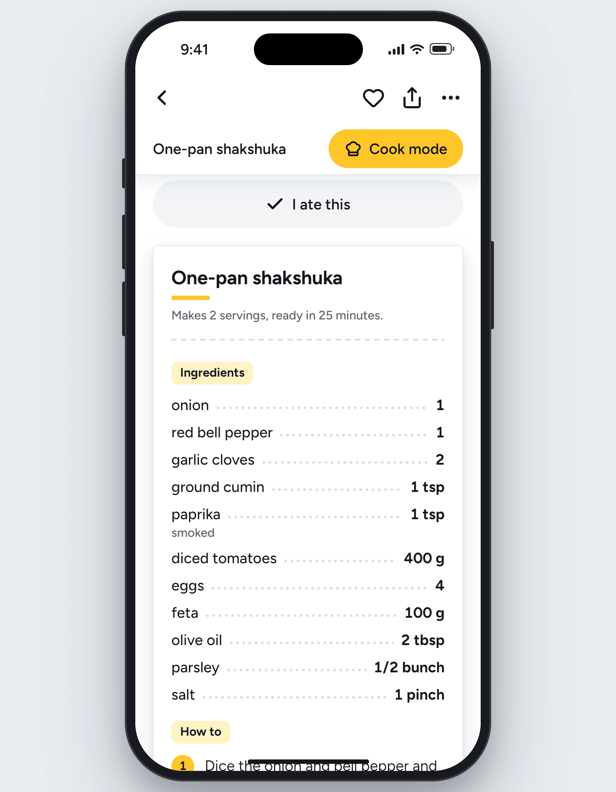 A sample shakshuka recipe with ingredients, serving information and access to cooking mode.