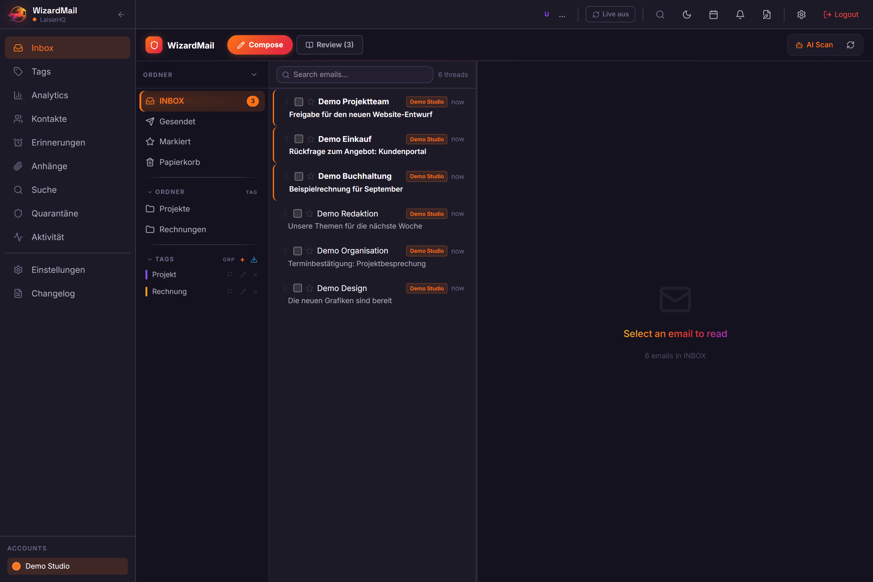 Message list with unread emails, project and invoice tags, and folder navigation, populated with example data.