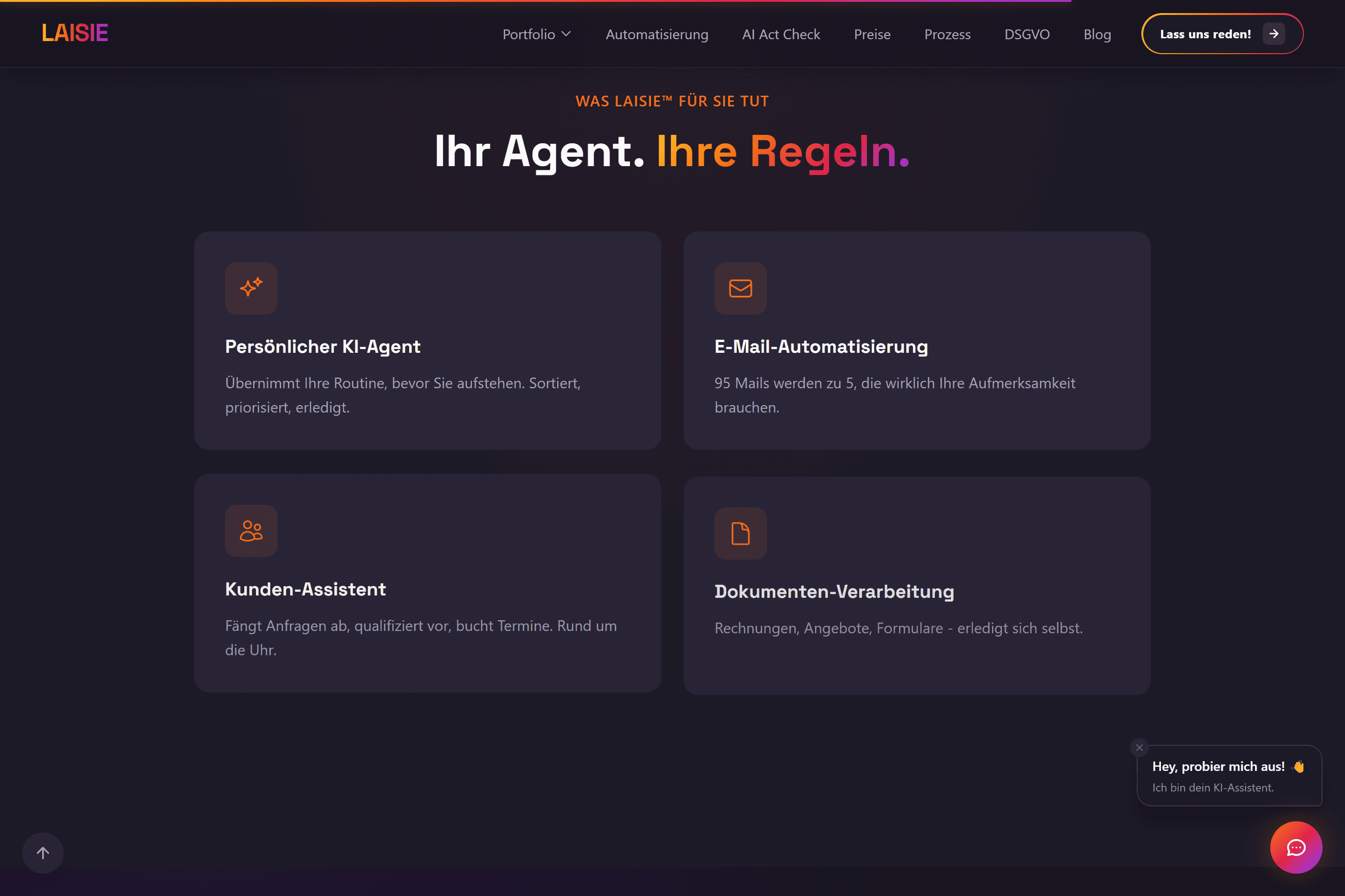 Leistungsübersicht mit vier Karten für persönliche KI-Agenten, E-Mail-Automatisierung, Kundenassistenz und Dokumentenverarbeitung.