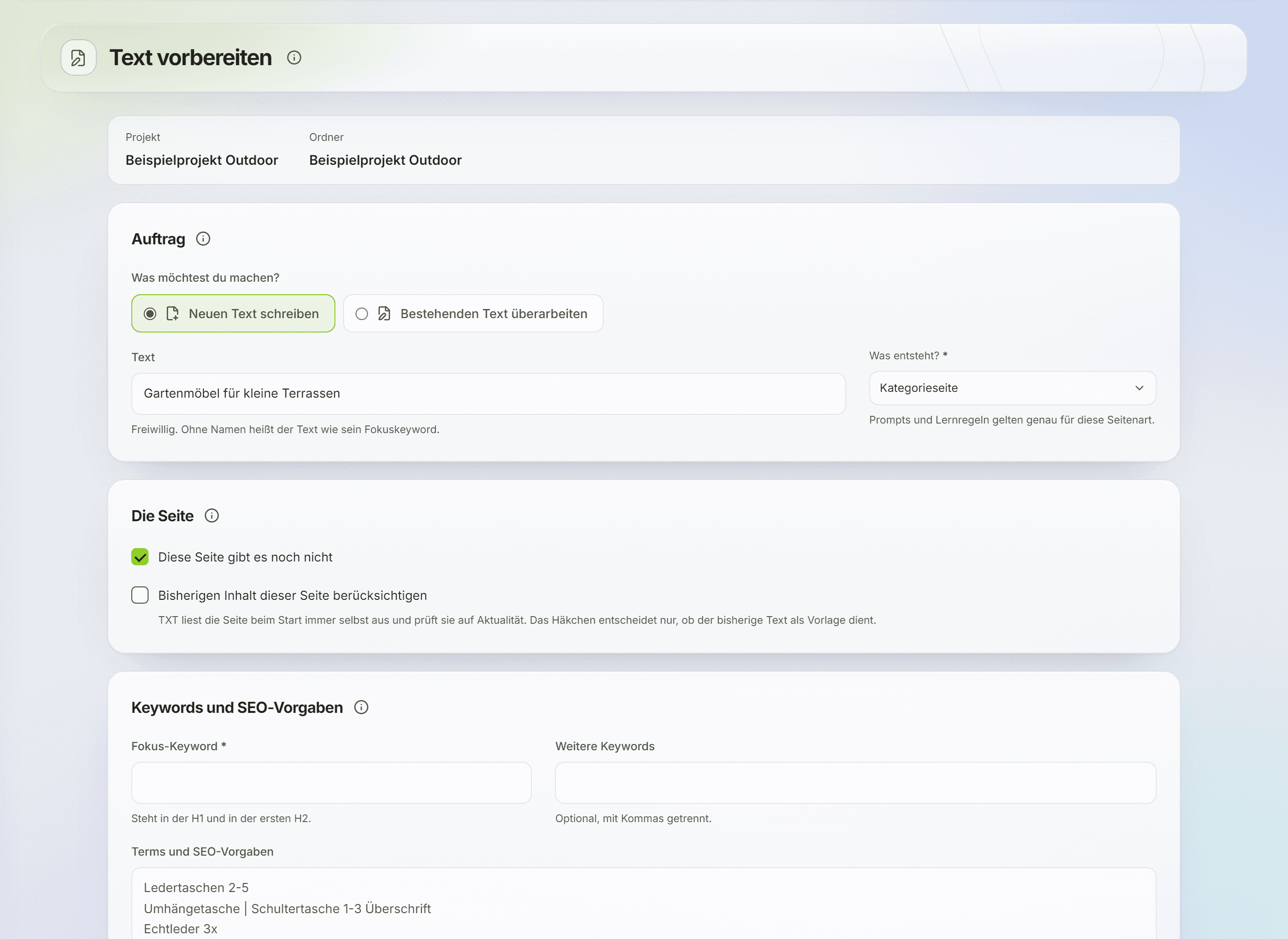 A new writing brief with subject, page type and page options inside a sample project.