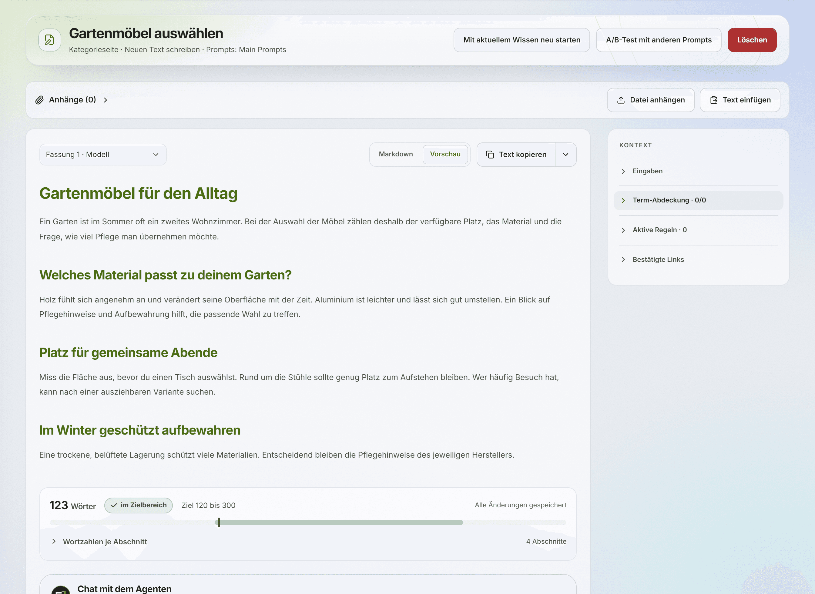 The actual text editor with a sample outdoor furniture guide and a saved revision.