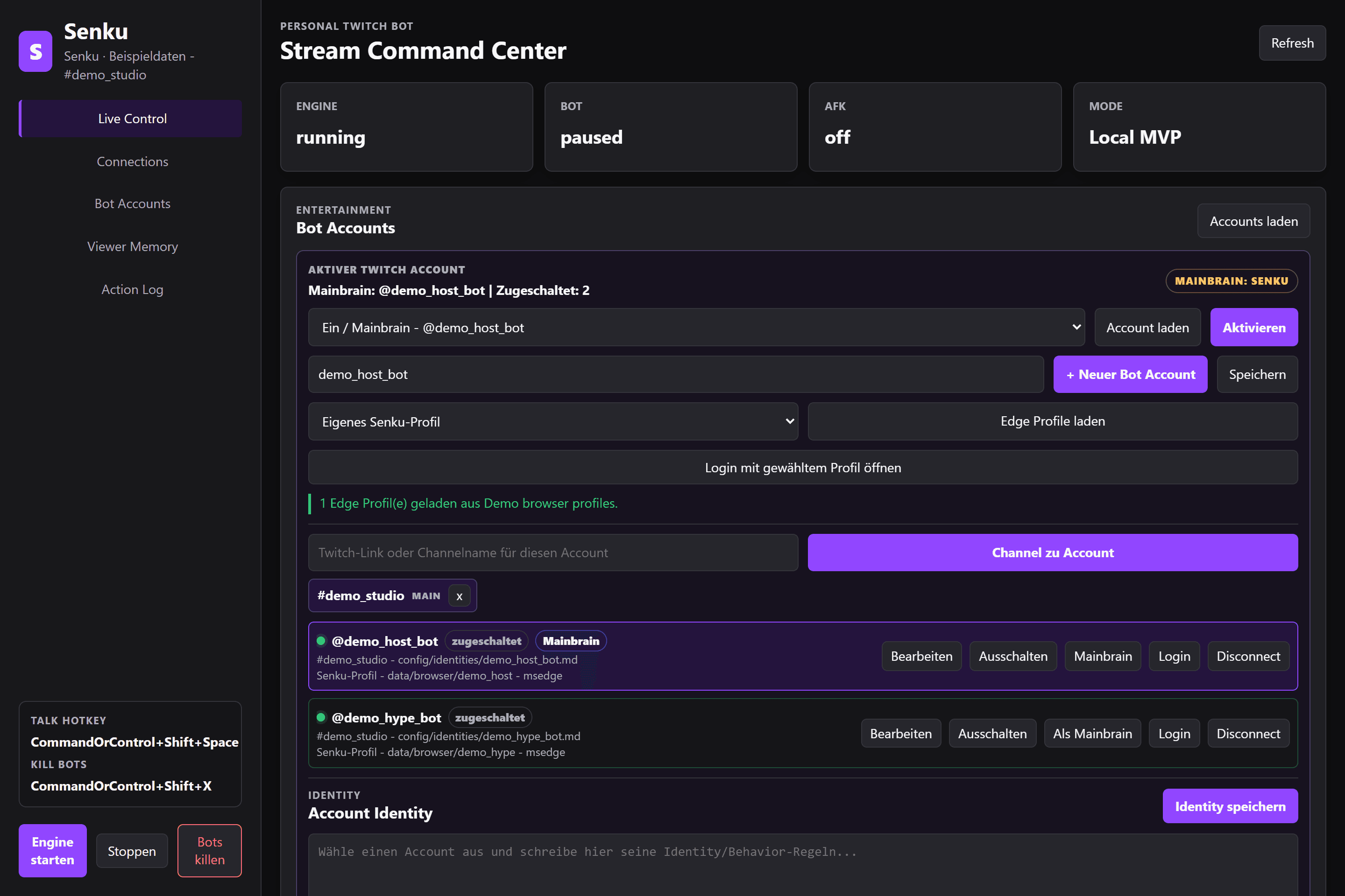 Desktop-Steuerung mit zwei Beispiel-Bot-Konten, gemeinsamem Twitch-Kanal, Browserprofilen und pausiertem Bot-Status.