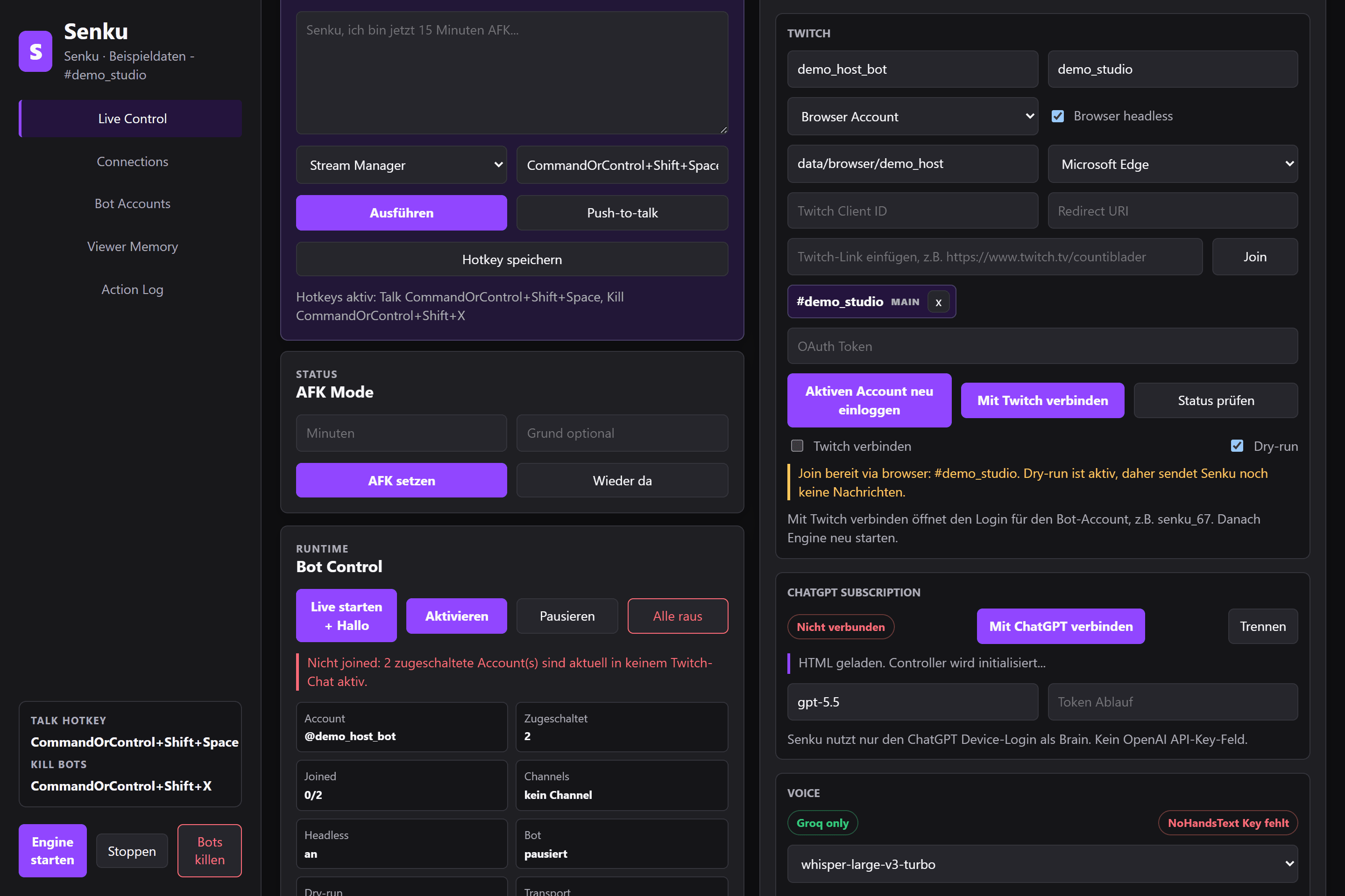 Verbindungseinstellungen für Twitch und das Sprachmodell mit Dry-Run und sichtbaren Bereitschaftshinweisen in der lokalen Vorschau.